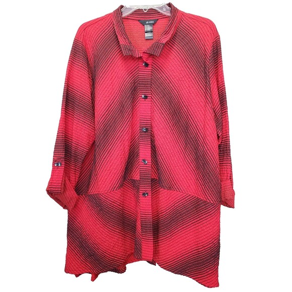 Ali Miles Red Ombre Crinkle Wire Collar Button-Up Tunic Size XL Lagenlook Artsy - Picture 1 of 6